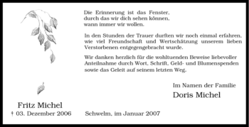 Traueranzeige von Fritz Michel von Tageszeitung