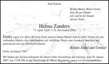Traueranzeige von Helma Zanders von Tageszeitung