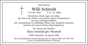 Traueranzeige von Willi Schmidt von Tageszeitung