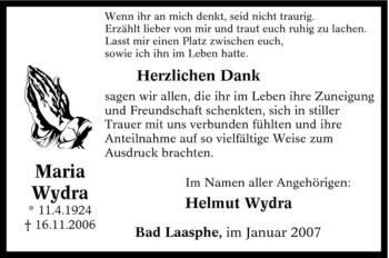 Traueranzeige von Maria Wydra von Tageszeitung