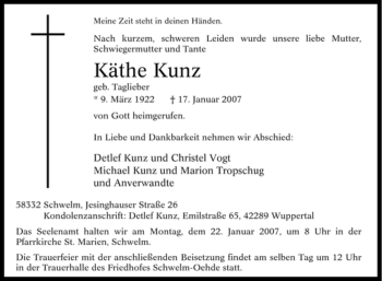Traueranzeige von Käthe Kunz von Tageszeitung