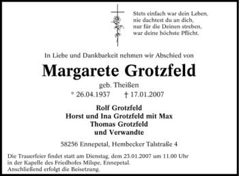 Traueranzeige von Margarete Grotzfeld von Tageszeitung