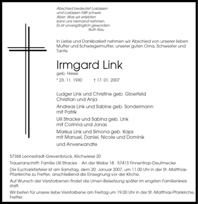  Traueranzeige für Irmgard Link vom 19.01.2007 aus Tageszeitung