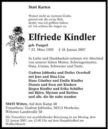 Traueranzeige von Elfriede Kindler von Tageszeitung