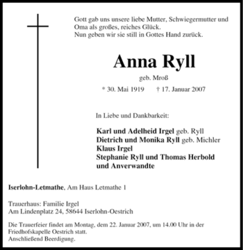 Traueranzeige von Anna Ryll von Tageszeitung