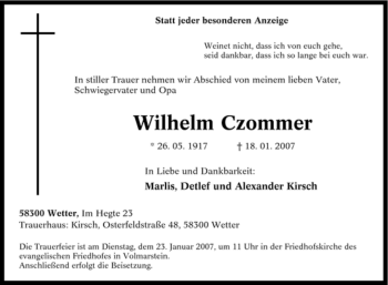 Traueranzeige von Wilhelm Czommer von Tageszeitung