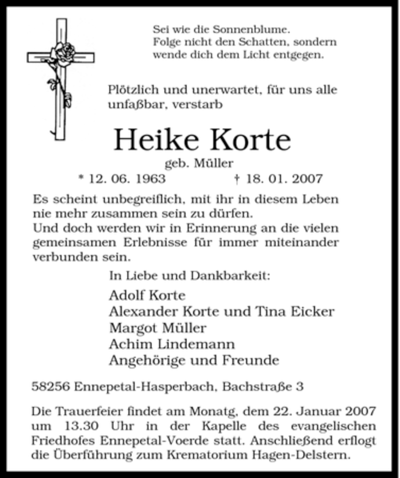  Traueranzeige für Heike Korte vom 19.01.2007 aus Tageszeitung