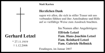 Traueranzeige von Gerhard Letzel von Tageszeitung
