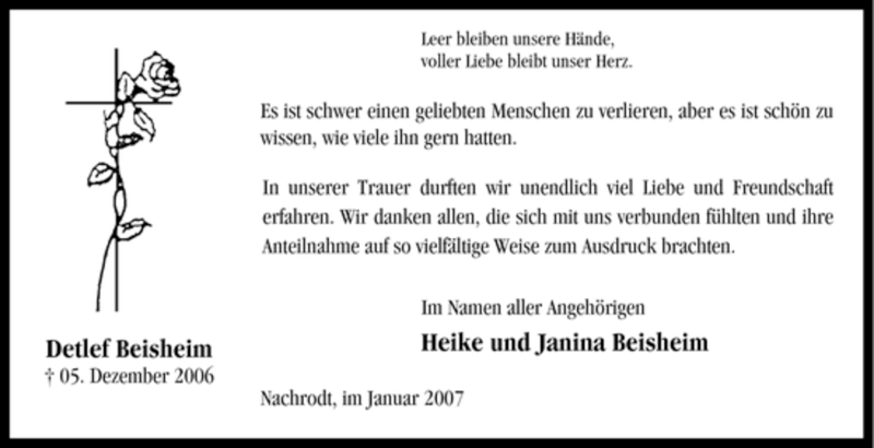  Traueranzeige für Detlef Beisheim vom 20.01.2007 aus Tageszeitung