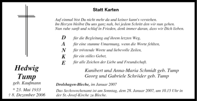  Traueranzeige für Hedwig Tump vom 20.01.2007 aus Tageszeitung