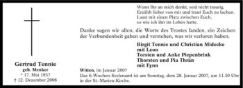 Traueranzeige von Gertrud Tennie von Tageszeitung