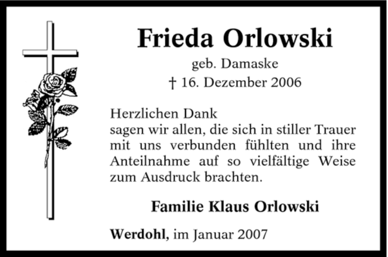  Traueranzeige für Frieda Orlowski vom 20.01.2007 aus Tageszeitung