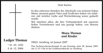Traueranzeige von Ludger Thomas von Tageszeitung