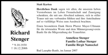 Traueranzeige von Richard Stenger von Tageszeitung