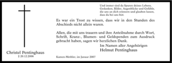 Traueranzeige von Christel Pentinghaus von Tageszeitung