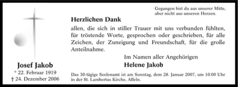  Traueranzeige für Josef Jakob vom 20.01.2007 aus Tageszeitung