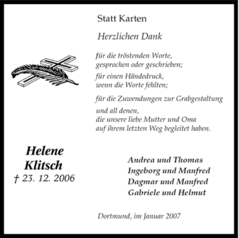 Traueranzeige von Helene Klitsch von Tageszeitung