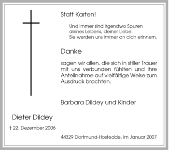 Traueranzeige von Dieter Dildey von Tageszeitung