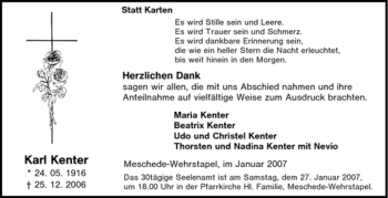 Traueranzeige von Karl Kenter von Tageszeitung