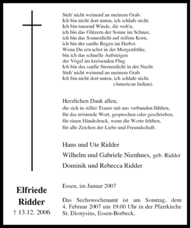  Traueranzeige für Elfriede Ridder vom 20.01.2007 aus Tageszeitung