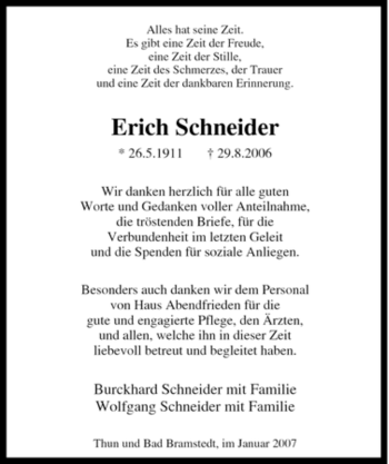 Traueranzeige von Erich Schneider von Tageszeitung