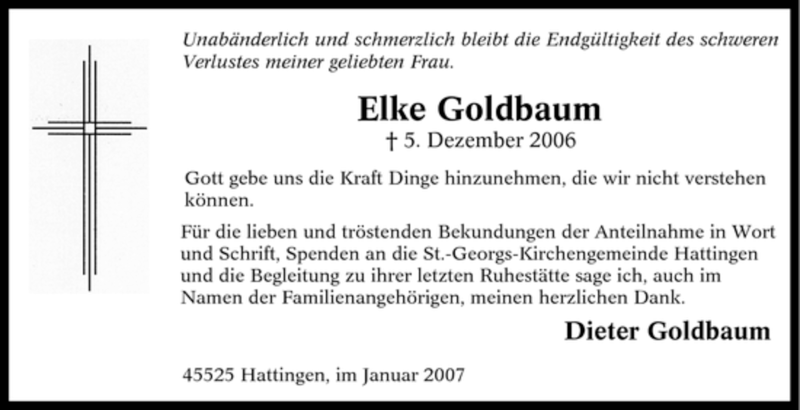  Traueranzeige für Elke Goldbaum vom 20.01.2007 aus Tageszeitung