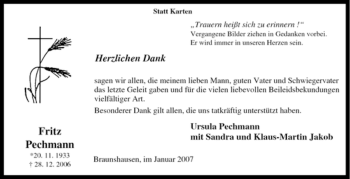Traueranzeige von Fritz Pechmann von Tageszeitung