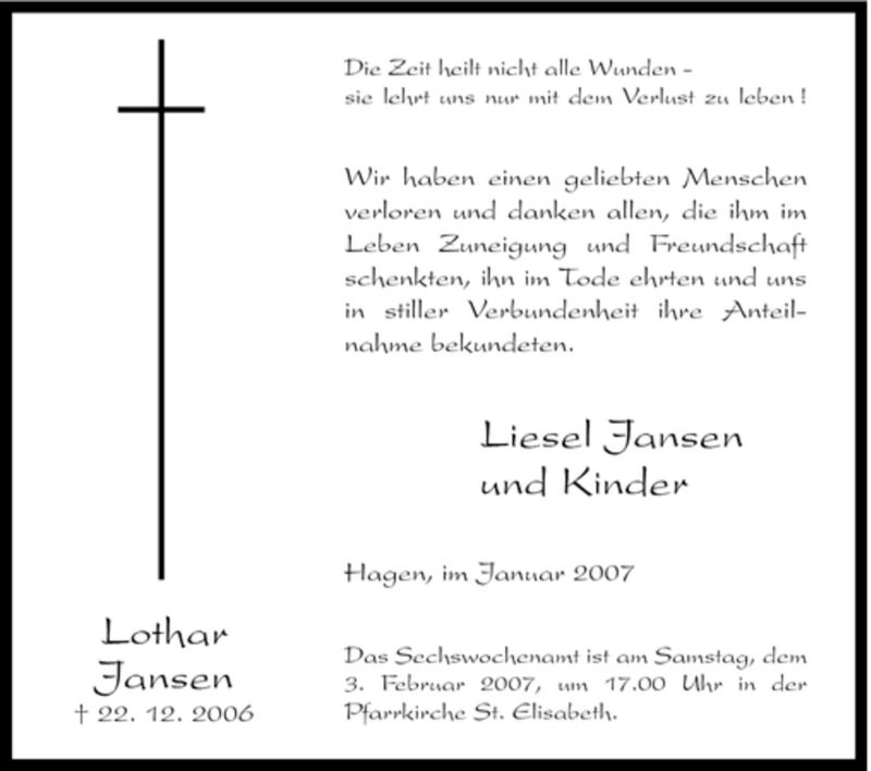 Traueranzeige für Lothar Jansen vom 20.01.2007 aus Tageszeitung