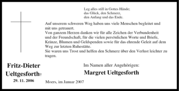 Traueranzeige von Fritz-Dieter Ueltgesforth von Tageszeitung