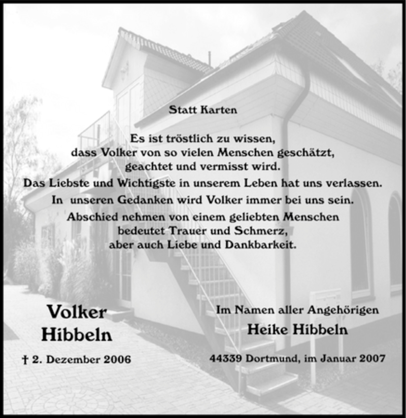  Traueranzeige für Volker Hibbeln vom 20.01.2007 aus Tageszeitung