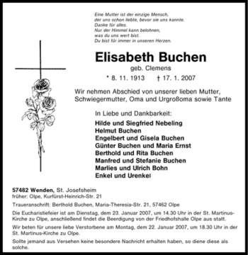 Traueranzeige von Elisabeth Buchen von Tageszeitung