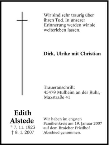 Traueranzeige von Edith Alstede von Tageszeitung