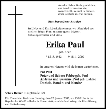 Traueranzeige von Erika Paul von Tageszeitung