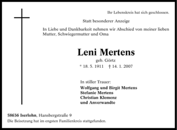 Traueranzeige von Leni Mertens von Tageszeitung
