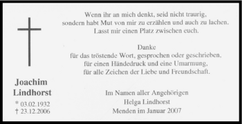 Traueranzeige von Joachim Lindhorst von Tageszeitung