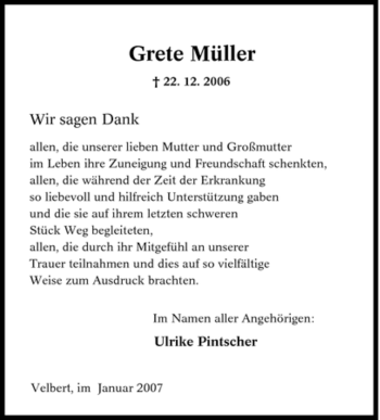 Traueranzeige von Grete Müller von Tageszeitung