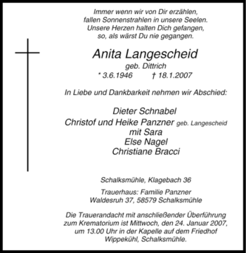Traueranzeige von Anita Langescheid von Tageszeitung