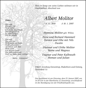 Traueranzeige von Albert Molitor von Tageszeitung