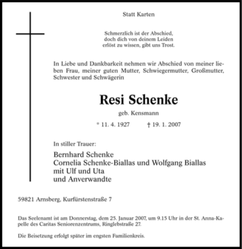 Traueranzeige von Resi Schenke von Tageszeitung