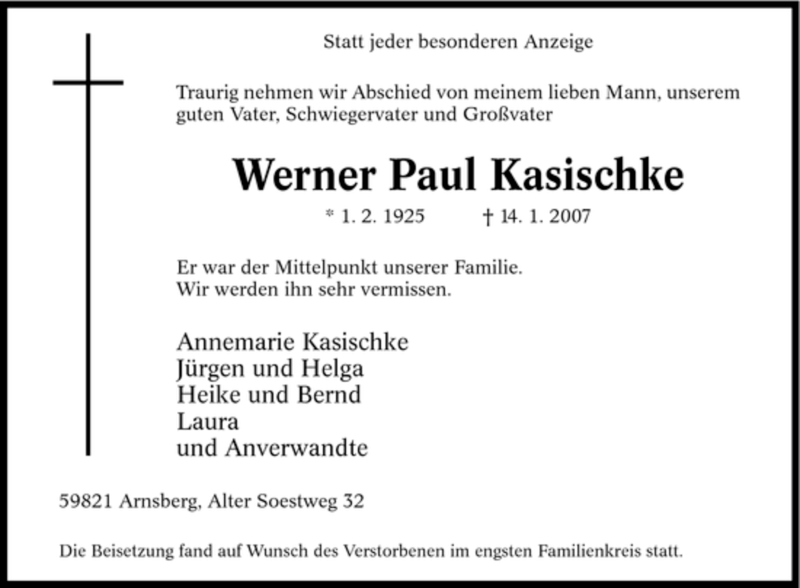 Traueranzeige für Werner Paul Kasischke vom 20.01.2007 aus Tageszeitung