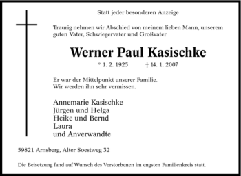 Traueranzeige von Werner Paul Kasischke von Tageszeitung