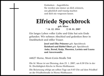 Traueranzeige von Elfriede Speckbrock von Tageszeitung