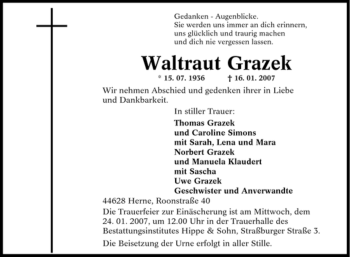 Traueranzeige von Waltraut Grazek von Tageszeitung
