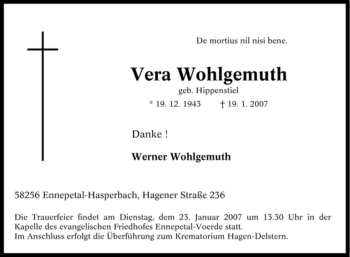 Traueranzeige von Vera Wohlgemuth von Tageszeitung