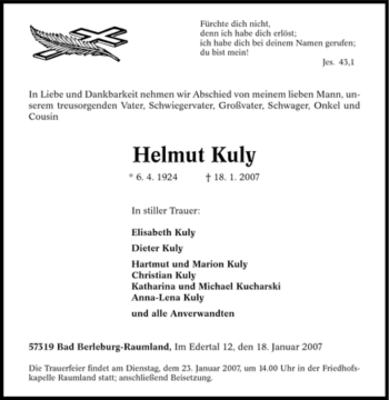 Traueranzeige von Helmuth Kuly von Tageszeitung