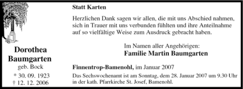  Traueranzeige für Dorothea Baumgarten vom 22.01.2007 aus Tageszeitung