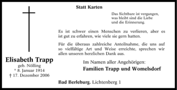 Traueranzeige von Elisabeth Trapp von Tageszeitung