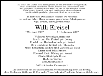 Traueranzeige von Willi Kreisel von Tageszeitung