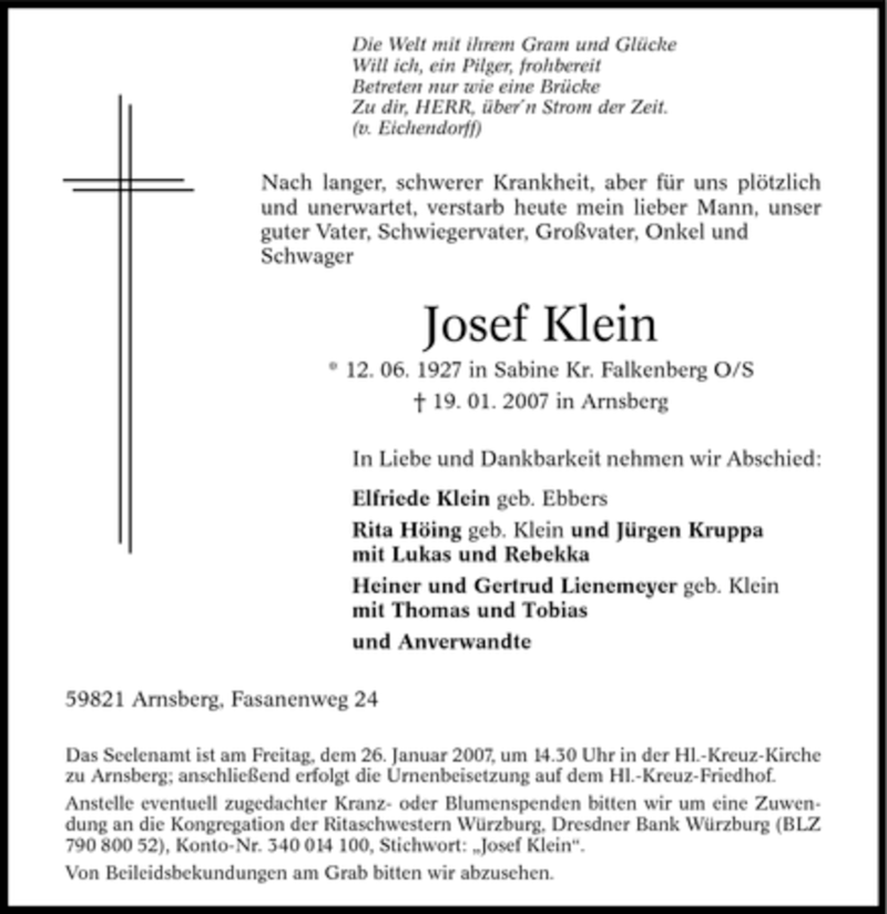  Traueranzeige für Josef Klein vom 22.01.2007 aus Tageszeitung