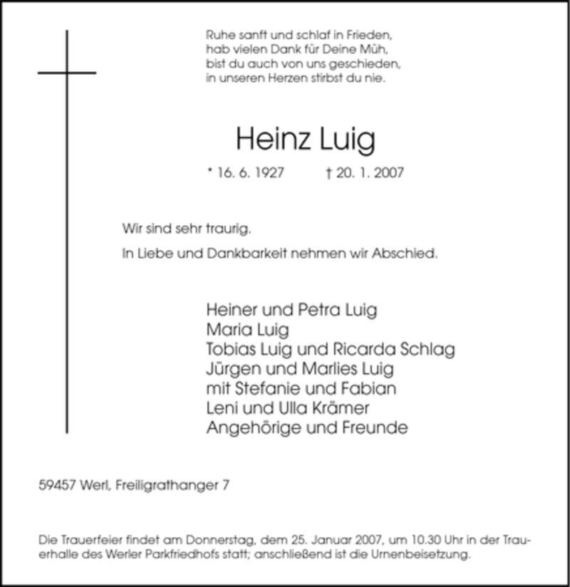  Traueranzeige für Heinz Luig vom 22.01.2007 aus Tageszeitung